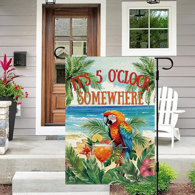 DLZDN Summer Parrot Bird Garden Flag It's 5 O'Clock Somewhere Garden Flag 12×18 Inch Double Side Vertical Burlap Farmhouse Yard Flag Summer Nautical Tropical Ocean Outdoor House Decoration