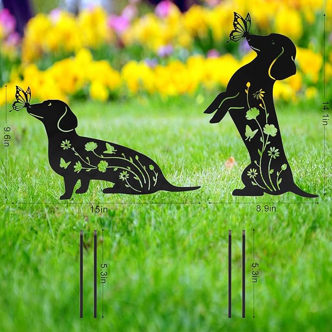 Ouddy Mode 2 Packs Dachshund Garden Decor for Outside, Gardening Dachshund Gifts for Women/Men/Mom/Grandma, Metal Decorative Garden Stakes for Outdoor Lawn Statues Yard Art