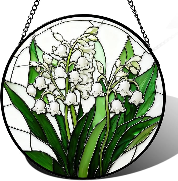 Stained Glass Window Hanging, Spring Lily of The Valley Flower Suncatcher for Window Doors Garden Home Decor, Green Plants Colorful Glass Panel Ornaments for Women,Men,Wife, Lovers, and Mom 7.8 in