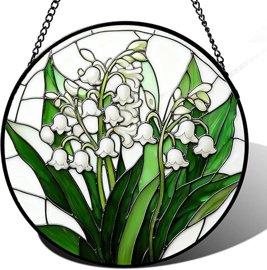 Stained Glass Window Hanging, Spring Lily of The Valley Flower Suncatcher for Window Doors Garden Home Decor, Green Plants Colorful Glass Panel Ornaments for Women,Men,Wife, Lovers, and Mom 7.8 in