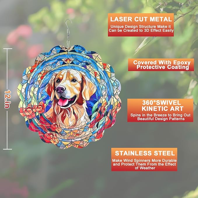 Wind Spinner Mandala 12 inch 3D Stainless Steel Laser Cut Metal Art Geometric Pattern Hanging Wind Spinner (Dog)