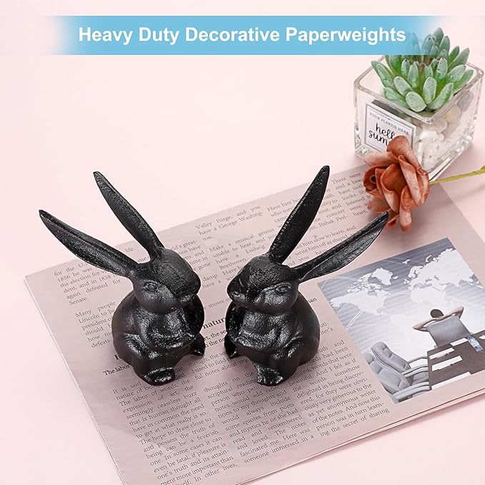OwnMy 2 Cast Iron Bunny Figurines Outdoor Rabbit Statues for Garden Patio Home Decors, 3.7" Hollow Carved Cute Bunny Statue Vintage Long-Eared Rabbit Ornaments Paperweights for Office Table Decors