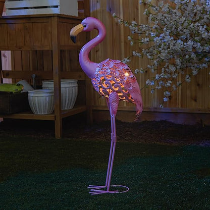 Zingz & Thingz Durable Iron Outdoor Décor Flamingo Solar Garden Stake, 12x6x32, Standing Tall