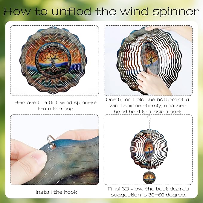 Tree of Life Wind Spinner - 3D Stainless Steel Kinetic Spinning Hanging Decor for Outdoor Garden Patio Porch 12 Inch Art Ornaments Christmas Decoration Birthday Gifts for Women Mom Grandma