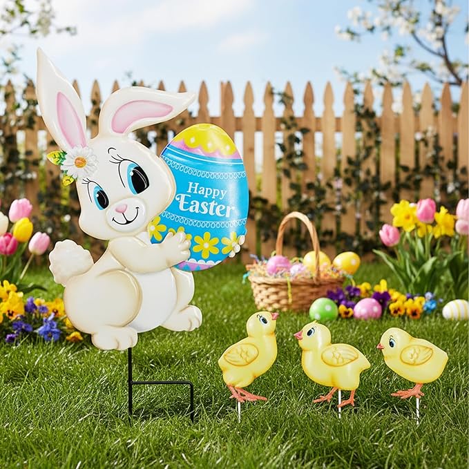 4PCS Spring Rabbit Metal Yard Decorations Stakes, Grandmas Garden Easter Holiday Yard Decoration Outdoor Stakes, Memorial Personalized Unique Garden Gifts Women for Grandma Statue