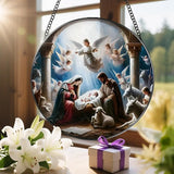 Stained Glass Window Hanging, LAOWEIKI 8'' Nativity Scene Suncatcher, Stained Glass Ornament, Nativity Scene Window Decor, Outdoor or Indoor, Christian Gifts, Religious Gifts for Women