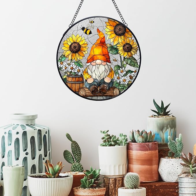 Sunflower Gnome Stained Glass Window Hanging Suncatchers, Rustic Cottage Sunflower Bee Sun Catchers Indoor Window Glass Wall Art Decor, Daisy Garden Wall Hanging Decor Sculptures, 7.9x7.9in