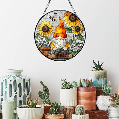 Sunflower Gnome Stained Glass Window Hanging Suncatchers, Rustic Cottage Sunflower Bee Sun Catchers Indoor Window Glass Wall Art Decor, Daisy Garden Wall Hanging Decor Sculptures, 7.9x7.9in