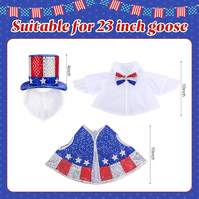 3 Pcs/Set 4th of July Porch Goose Outfit, 23" High Lawn Goose Patriotic Costume Clothing, Independence Day Garden Geese Clothes Sequins Waistcoat Shirt with Top Hat for Outdoor Patio Yard Decoration