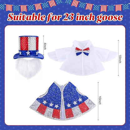 3 Pcs/Set 4th of July Porch Goose Outfit, 23" High Lawn Goose Patriotic Costume Clothing, Independence Day Garden Geese Clothes Sequins Waistcoat Shirt with Top Hat for Outdoor Patio Yard Decoration