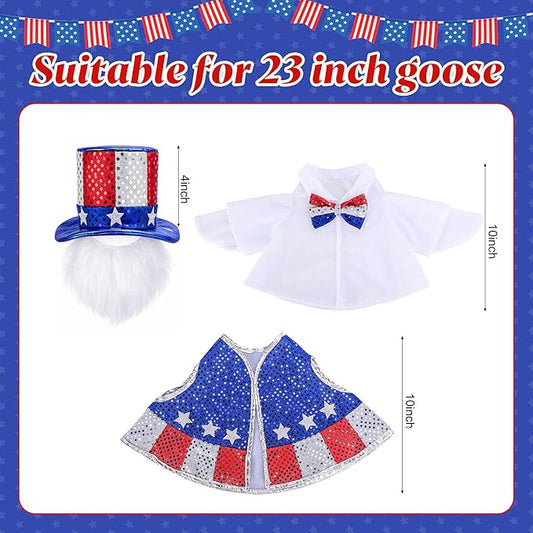 3 Pcs/Set 4th of July Porch Goose Outfit, 23" High Lawn Goose Patriotic Costume Clothing, Independence Day Garden Geese Clothes Sequins Waistcoat Shirt with Top Hat for Outdoor Patio Yard Decoration