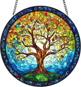 Tree of Life Stained Glass Window Hanging - Sun Catchers for Indoor/Outdoor Décor | Artisan Glass Panels for Home & Garden Wall Art | Unique Suncatcher Housewarming Gift for Home Decoration