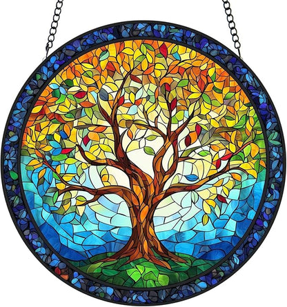 Tree of Life Stained Glass Window Hanging - Sun Catchers for Indoor/Outdoor Décor | Artisan Glass Panels for Home & Garden Wall Art | Unique Suncatcher Housewarming Gift for Home Decoration