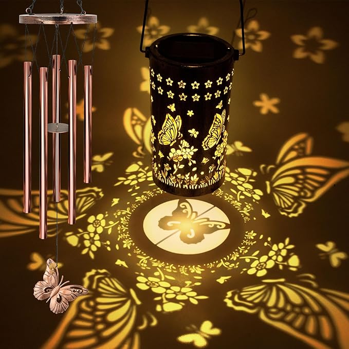 YHmall Butterfly Solar Wind Chimes for Outside, Butterfly Birthday Gifts for Women, Men, Solar Lanterns Windchimes Outdoors, Metal Wind Chime for Home Garden Outdoor Yard Decor