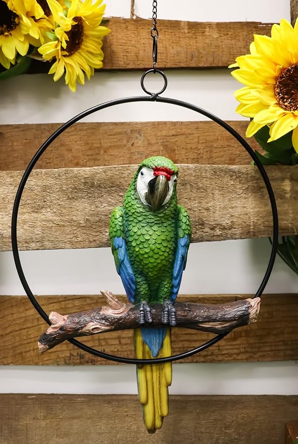 Ebros Patio Home Garden Hanging Scarlet Macaw Parrot Perching on Branch in Metal Round Ring Figurine Sculpture Nature Lovers Tropical Bird Collectors Decor 13.5" H (Green)
