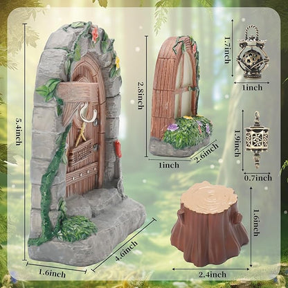 Exasinine 6 Pcs Fairy Door and Windows for Trees Glow in The Dark Fairy Doors Miniature Fairy Garden Accessories for Wall Tree Fairy Garden Outdoor Decor with Tree Stump, 2 Fairy Lanterns