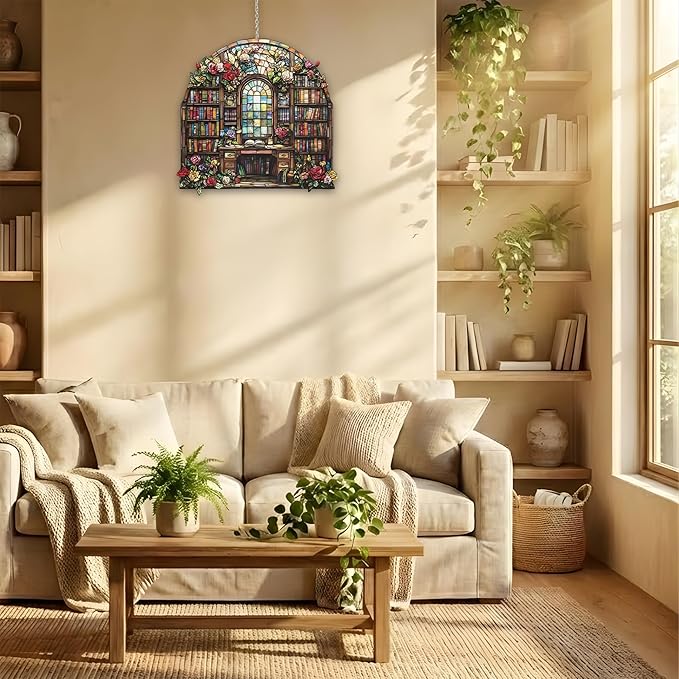 Flower Bookshelf Acrylic Suncatcher, Bookish Suncatchers for Window Hanging Ornament, Art Garden Decor for Book Lover Reader Bookworm, Gifts for Mother's Day, Mom, Grandma, Wife, Women, Nana