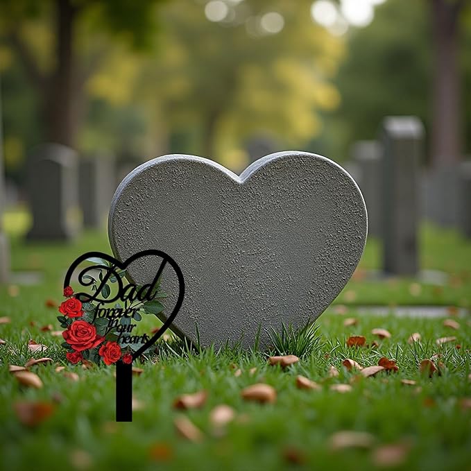 AIM & GGKK Memorial Stake for Dad - Metal Heart Grave Marker with Red Roses, Memorial Plaque Cemetery Decor for Grave, Garden, Gravesite