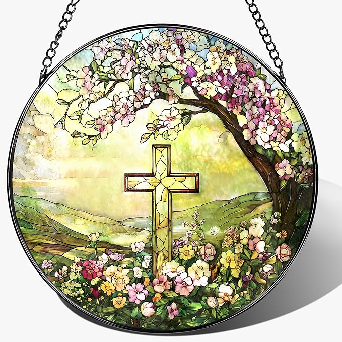 8'' Christian Cross Ornament, Stained Glass Window Hanging, Sun Catcher Window Decor, Christian Faith Home Decor, Gifts for Christmas, Cross Gifts for Religious