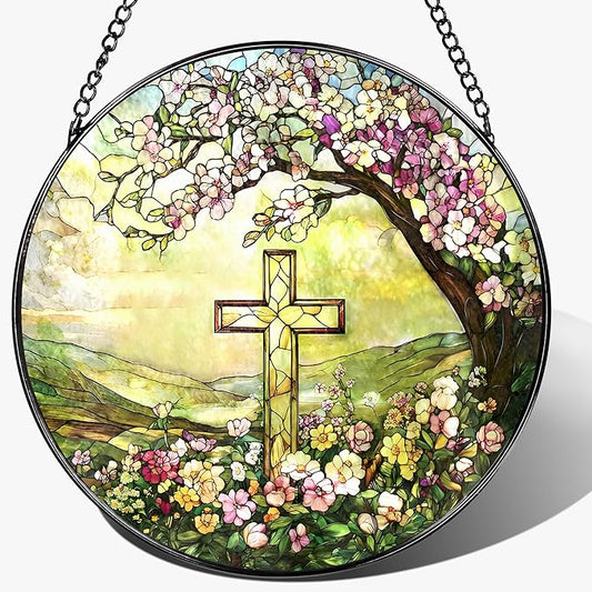 8'' Christian Cross Ornament, Stained Glass Window Hanging, Sun Catcher Window Decor, Christian Faith Home Decor, Gifts for Christmas, Cross Gifts for Religious