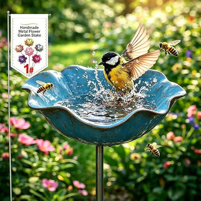 Metal Flower Garden Stakes Bird Bath Handmade, Bee Watering Station, Bees Bath for Garden Metal Bee Water Feeder with Flower Design, Colorful Butterfly Bees Bath Bowl for Outdoor Yard Decor (1PCS-a)