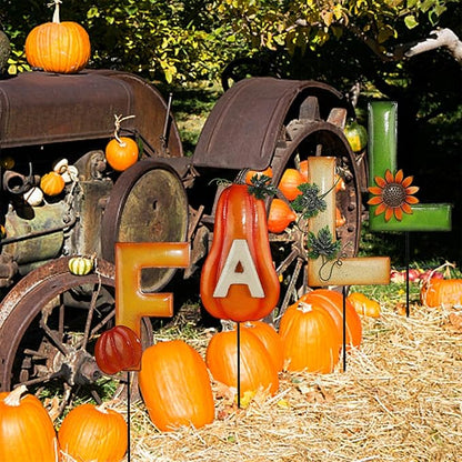 Juegoal 4 Pcs Fall Decorative Garden Stakes, 24.8 Inch Letter Fall Metal Yard Sign with Pumpkins, Outdoor Art Stake for Thanksgiving Decorations Fall Autumn Harvest Patio Lawn Walkway, Style B