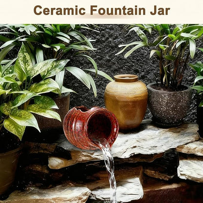 M METERXITY Ceramic Garden Fountain Spitter, Clay Pot Ecological Tank for Pond/Backyard Water Feature/Cave Waterfall/Landscaping, DIY Water Flow Jar Hydroponic Vase [5.5in, Iridescent Red]