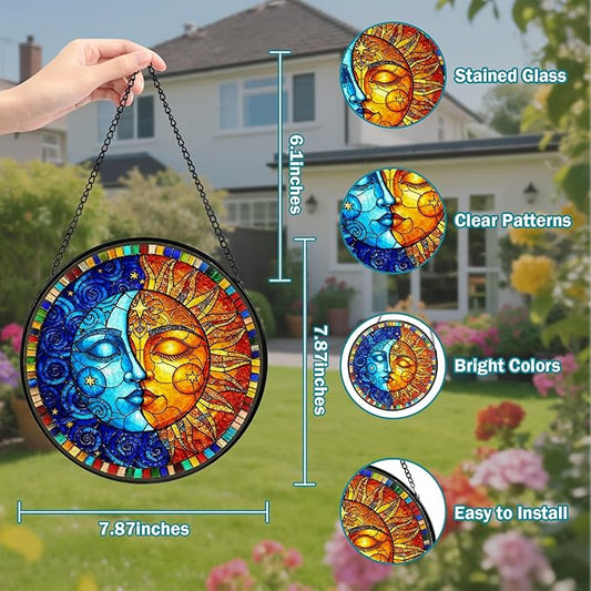 Sun and Moon Stained Glass Window Hanging, Suncatcher for Window Hanging, Moon Sun Catchers Indoor Windows Wall Art for Mom Grandma, Christmas Thanksgiving Gift, for Home Garden Office 7.87 inches