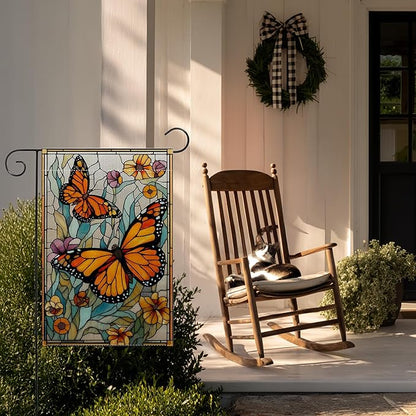Garden Flags, Butterfly Garden Flag, Stained Glass Style Butterfly Floral Flag Double-Sided Flags for Farmhouse Yard Outdoor Decoration-12 x 18inch