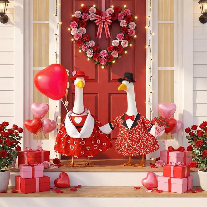 Abbylike 2 Sets Wedding Porch Goose Outfits Red Heart Porch Yard Goose Outfits Clothes Costume Fits Large 23'' Cement for Valentine's Day Garden Yard Statue Pathway Decorations