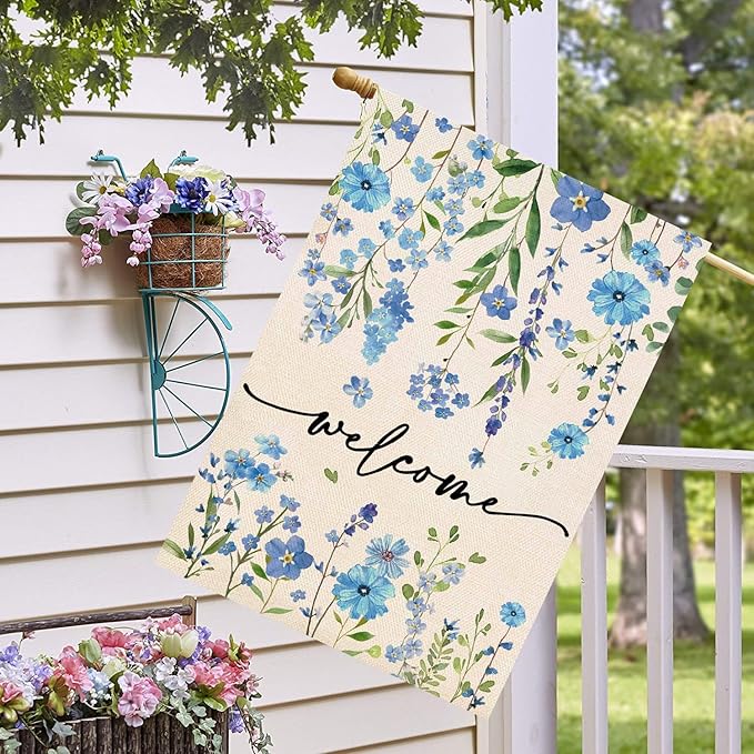 Baccessor Summer Welcome House Flag 28 x 40 Inch Funny Blue Floral Spring Garden Yard Flag Burlap Double Sided Vertical Seasonal Farmhouse Wedding Outdoor Decoration