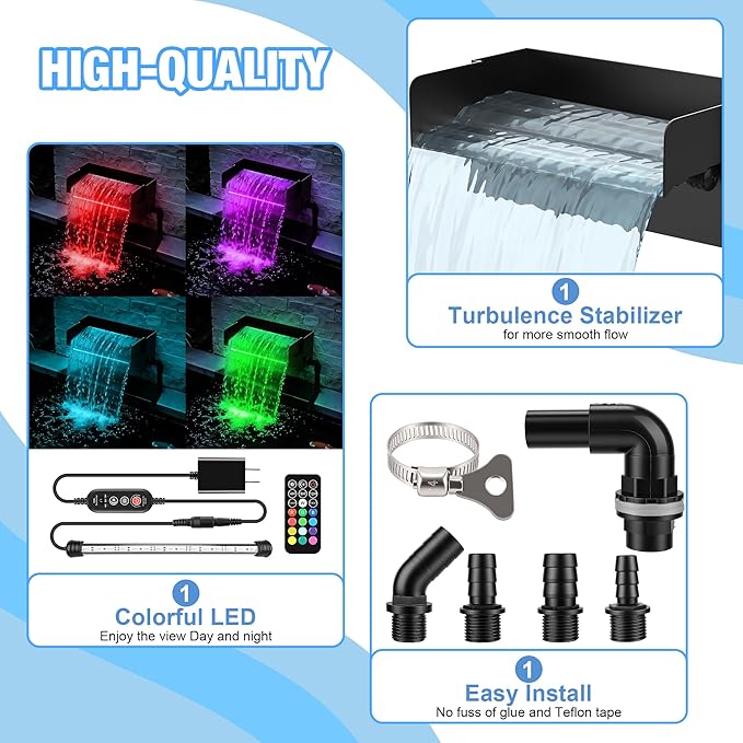 Pond Waterfall Spillway with LED Lights - 12-inch Stainless Steel Spillway and 850GPH Submersible Pump with Cover for Garden, Ponds, Backyard, Pool