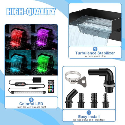 Pond Waterfall Spillway with LED Lights - 12-inch Stainless Steel Spillway and 850GPH Submersible Pump with Cover for Garden, Ponds, Backyard, Pool