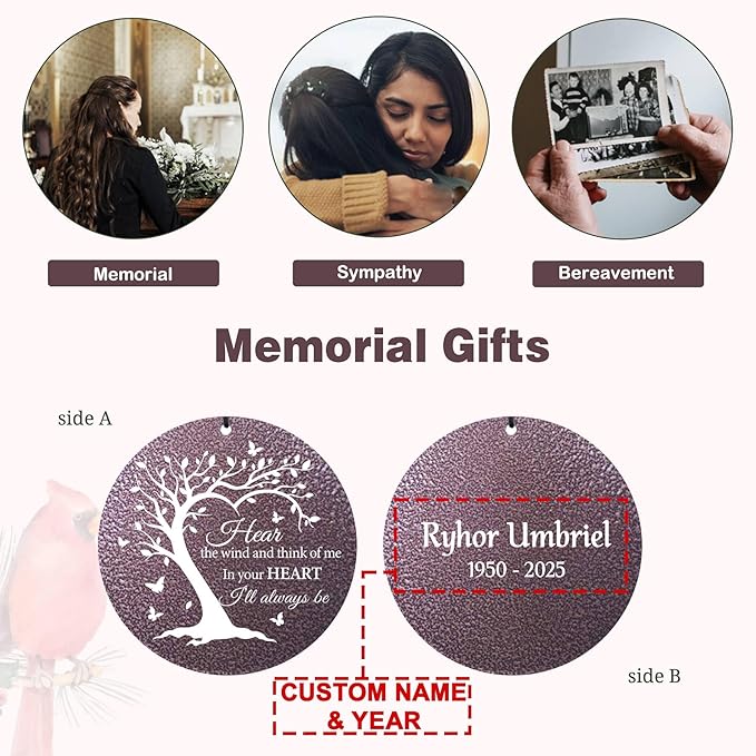 Memorial Engraved Wind Chimes Personalized, Tree of Life Wind Chimes for Loss Loved One Mother Father, Memorial Gifts for Sympathy Remembrance Bereavement, Produced in USA