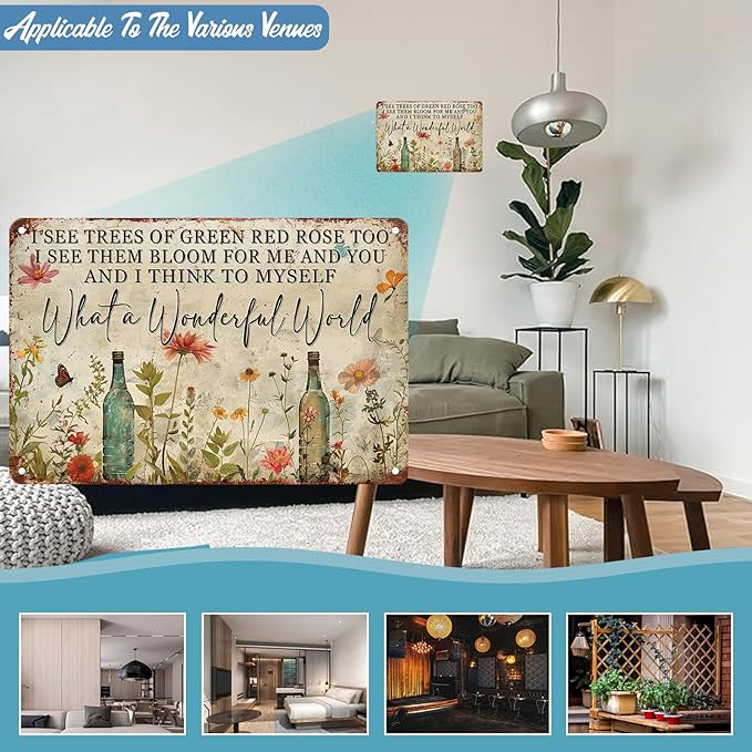 Dragonfly What A Wonderful World Flowers Funny Metal Tin Sign Wall Decor I See Trees of Green Red Rose Retro Tin Sign Bar Outdoor 8 x 12 Inch