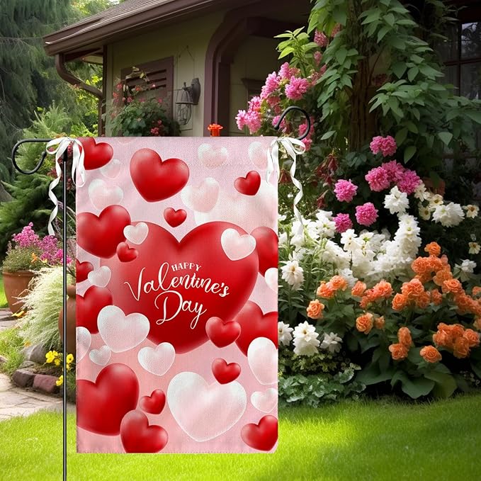 Happy Valentine's Day Garden Flag Red And White Love Hearts Yard Flag 12 x 18 Inch Love Combination Valentine Garden Flags Double Sided Polyester Vertical House Banner for Holiday Wedding
