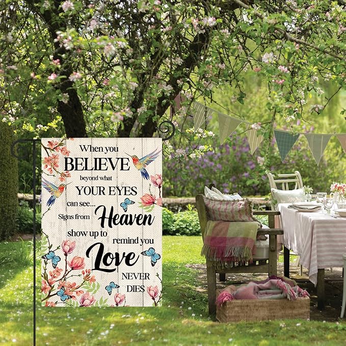 AVOIN colorlife Hummingbird Memorial Garden Flag 12x18 Inch Double Sided Outside, Love Never Dies Memorial Day Gravesite Saying Spring Yard Outdoor Decoration