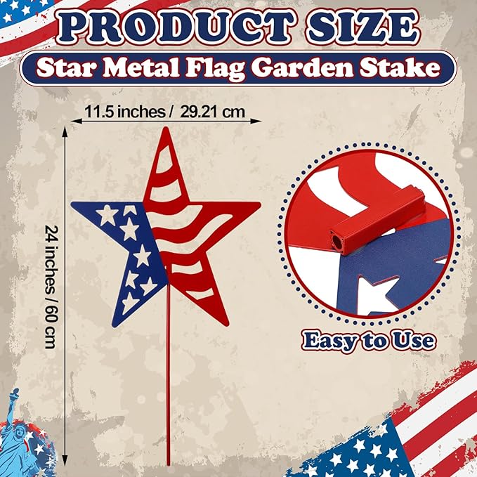 Therwen Patriotic Metal Garden Stakes Star Flag Yard Sign 24'' H Memorial Day Outdoor Decoration 4th of July Lawn Sign 250th Holiday Patriotic Decor for Independence Day Pathway American Outside Decor