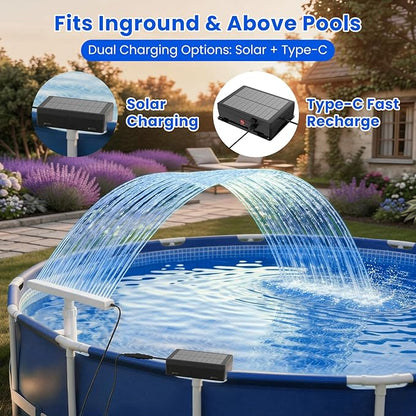 Solar Pool Fountain Waterfall: Pools Fountains for Inground and Above Ground, with 8 Color LED Lights, Newly Refined Streamlined Design, Emote Control Pool Sprayer