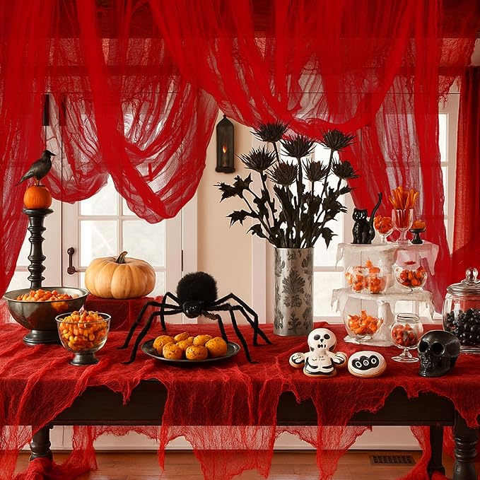 RunNico 400'' x 85'' Halloween Blood Red Scary Gauze, Bloody Haunted House Creepy Cloth, Spooky Fabric Hanging Decoration for Horror Themed Nightmare Party Wall Yard Doorway Porch Decor