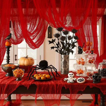 RunNico 400'' x 85'' Halloween Blood Red Scary Gauze, Bloody Haunted House Creepy Cloth, Spooky Fabric Hanging Decoration for Horror Themed Nightmare Party Wall Yard Doorway Porch Decor