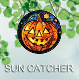 Stained Glass Window Hanging Halloween Horror Golden Pumpkin 11.8" - Suncatcher Door Garden Sunroom Gothic Style Sun Catcher Birthday for Friend Mom Men Woman Nana