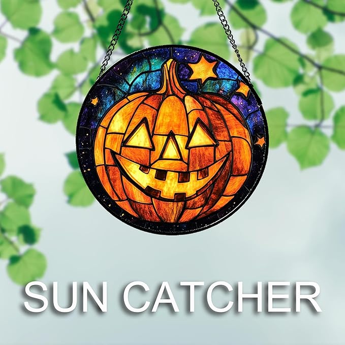 Stained Glass Window Hanging Halloween Horror Golden Pumpkin 9.8" - Suncatcher Door Garden Sunroom Gothic Style Sun Catcher Birthday for Friend Mom Men Woman Nana