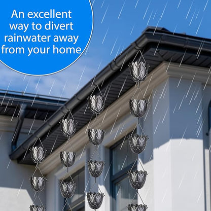 RainChains Pacific Fluted Scalloped Rain Chain 8.5ft Black Aluminum Rain Chain for Heavy Rain Premium Decorative Gutters.