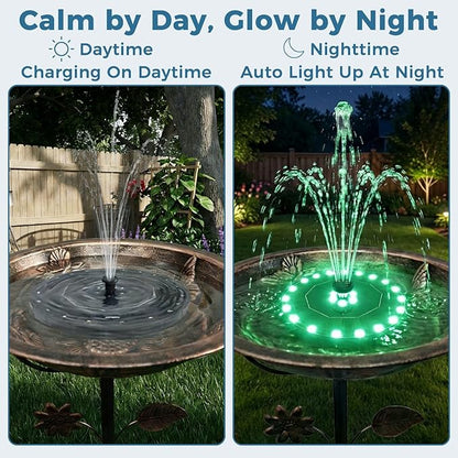 Solar Fountain for Bird Bath with Colorful LED Lights, Floating Solar Fountain, 3W Solar Powered Water Fountain Pump with Strong Spray & 5 Nozzles for Garden, Pond, Pool, 26 LED Lights