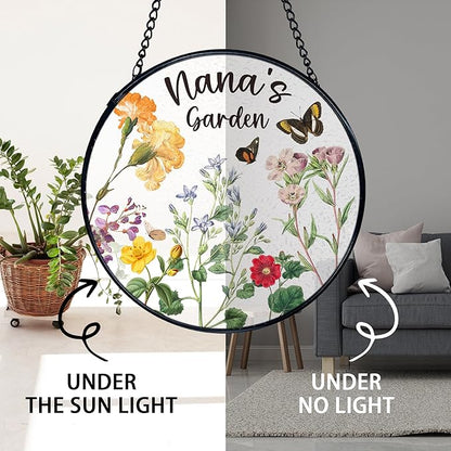 TNUW Nana's Garden Stained Glass Window Hanging, Best Nana Gifts from Grandkids Sun Catchers Indoor Window Glass Round Wall Art Decor, Grandma Gifts Wall Hanging Decorations, 7.9＂x7.9＂