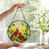Lemon Cardinal Suncatchers Stained Glass Window Hanging, Lemon Kitchen Decor, Red Cardinal Sun Catchers Indoor Window Glass Round Wall Decor, Kitchen Mediterranean Wall Hanging, 7.9x7.9in