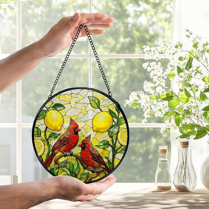 Lemon Cardinal Suncatchers Stained Glass Window Hanging, Lemon Kitchen Decor, Red Cardinal Sun Catchers Indoor Window Glass Round Wall Decor, Kitchen Mediterranean Wall Hanging, 7.9x7.9in
