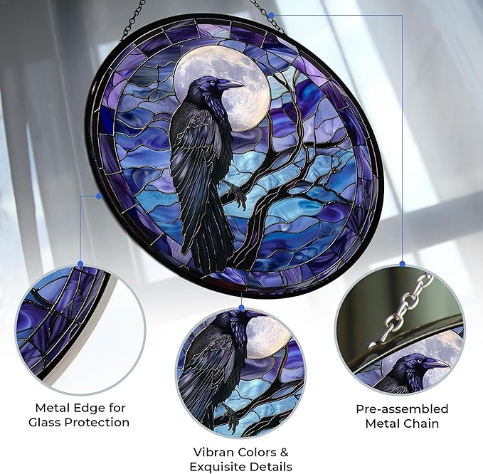 Moon Crow Stained Glass Window Hanging Sun Catcher Halloween Haning Ornament Decoration Christmas Birthday Gifts for Lover and Friends