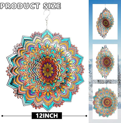Mandala Daisy Wind Spinner - 12In 3D Kinetic Metal Wind Spinners, Stainless Steel Laser Cut Hanging Wind Sculpture, Indoor/Outdoor Garden & Yard Art Decor Gifts for Women, Men & Holidays